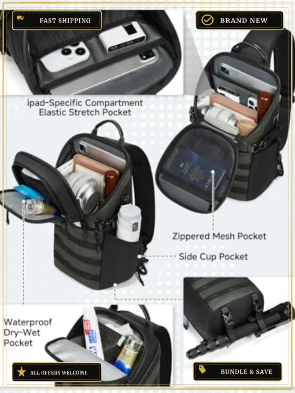 Waterproof Crossbody Sling Backpack Travel Hiking Chest Bag Daypack